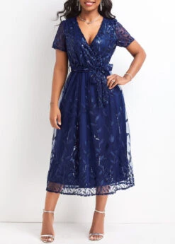 Blue Mesh Belted Short Sleeve V Neck Dress -OLALA Clothing Shop 328741 P 16798808876753