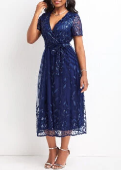 Blue Mesh Belted Short Sleeve V Neck Dress -OLALA Clothing Shop 328741 P 16798808877242