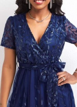 Blue Mesh Belted Short Sleeve V Neck Dress -OLALA Clothing Shop 328741 P 16798808877584