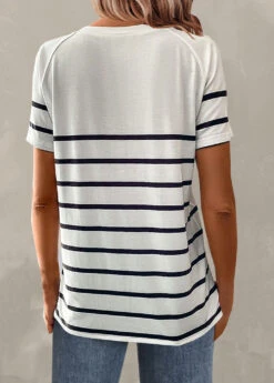White Button Striped Short Sleeve T Shirt -OLALA Clothing Shop 328743 P 1678183025041