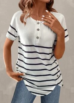White Button Striped Short Sleeve T Shirt -OLALA Clothing Shop 328743 P 1678183025233
