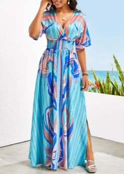 Sky Blue Smocked Tribal Print Maxi Dress -OLALA Clothing Shop 329023 P 16793936780244