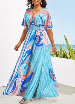 Sky Blue Smocked Tribal Print Maxi Dress -OLALA Clothing Shop 329023 P 16793936782052