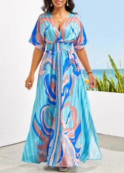 Sky Blue Smocked Tribal Print Maxi Dress -OLALA Clothing Shop 329023 P 16793936785363