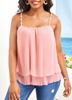 Pink Pearl Strappy Square Neck Camisole Top -OLALA Clothing Shop 329057 P 16801583291613