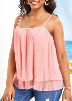Pink Pearl Strappy Square Neck Camisole Top -OLALA Clothing Shop 329057 P 16801583292642