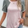 Pink Patchwork Short Sleeve Round Neck T Shirt -OLALA Clothing Shop 329067 P 16818893905050