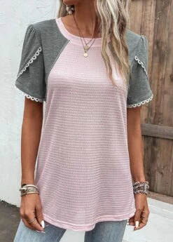 Pink Patchwork Short Sleeve Round Neck T Shirt -OLALA Clothing Shop 329067 P 16818893905212