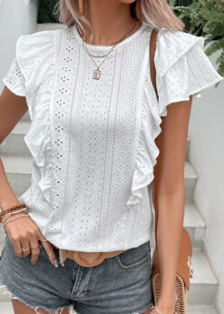 White Ruffle Short Sleeve Round Neck Blouse -OLALA Clothing Shop 329132 P 1679388947994