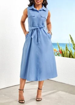 Denim Blue Button Belted Sleeveless Shirt Collar Dress -OLALA Clothing Shop 329136 P 16798980874222