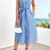 Denim Blue Button Belted Sleeveless Shirt Collar Dress -OLALA Clothing Shop 329136 P 16798980874230