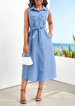 Denim Blue Button Belted Sleeveless Shirt Collar Dress