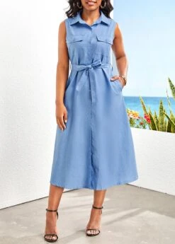 Denim Blue Button Belted Sleeveless Shirt Collar Dress -OLALA Clothing Shop 329136 P 16798980879113