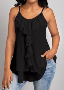 Black Ruffle Strappy Scoop Neck Camisole Top -OLALA Clothing Shop 329155 P 16787064635104
