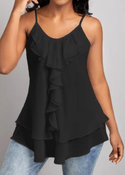Black Ruffle Strappy Scoop Neck Camisole Top -OLALA Clothing Shop 329155 P 16787064638140