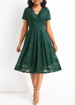 Blackish Green Lace Short Sleeve V Neck Dress -OLALA Clothing Shop 329163 P 16797398730793