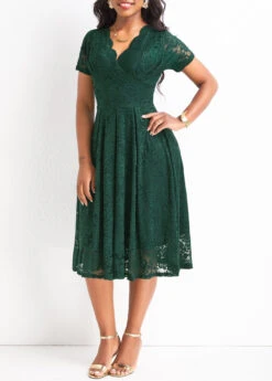 Blackish Green Lace Short Sleeve V Neck Dress -OLALA Clothing Shop 329163 P 16797398734192
