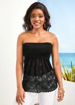 Black Lace Bandeau Smocked Tank Top -OLALA Clothing Shop 329257 P 16800668191363