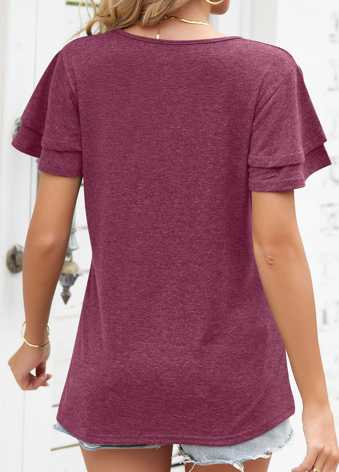 Wine Red Layered Short Sleeve T Shirt 4 Wine Red Layered Short Sleeve T Shirt - Image 2
