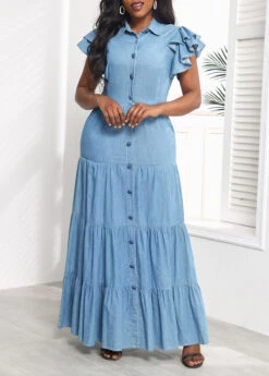 Denim Blue Ruffle Short Sleeve Maxi Dress -OLALA Clothing Shop 329416 P 16799923091613