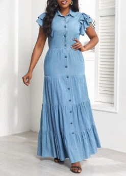 Denim Blue Ruffle Short Sleeve Maxi Dress -OLALA Clothing Shop 329416 P 16799923092512