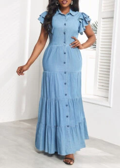 Denim Blue Ruffle Short Sleeve Maxi Dress -OLALA Clothing Shop 329416 P 16799923096115