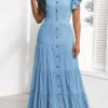 Denim Blue Ruffle Short Sleeve Maxi Dress -OLALA Clothing Shop 329416 P 16799923097030