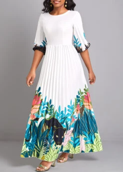 White Pleated Floral Print Maxi Dress -OLALA Clothing Shop 329474 P 16795649642844