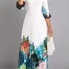 White Pleated Floral Print Maxi Dress -OLALA Clothing Shop 329474 P 16795649643340