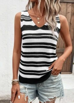 Black Patchwork Striped V Neck Sweater Vest -OLALA Clothing Shop 329516 P 16818030023212