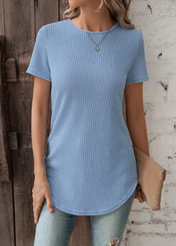 Dusty Blue Button Short Sleeve T Shirt