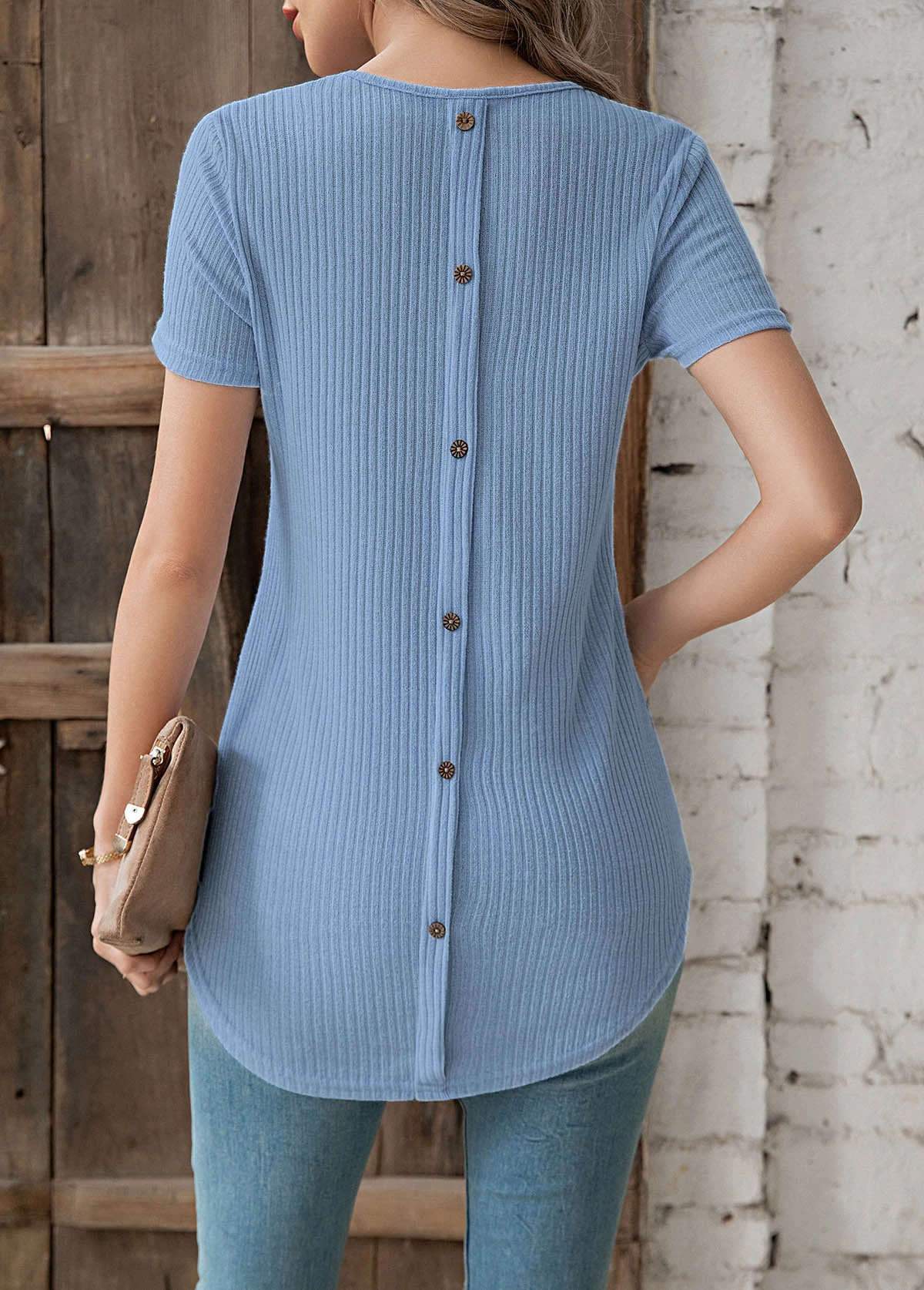 Dusty Blue Button Short Sleeve T Shirt 4 Dusty Blue Button Short Sleeve T Shirt - Image 2