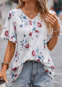 White Floral Print Short Sleeve V Neck Blouse -OLALA Clothing Shop 329743 P 16831787150124