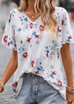 White Floral Print Short Sleeve V Neck Blouse -OLALA Clothing Shop 329743 P 16831787151302