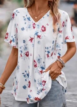White Floral Print Short Sleeve V Neck Blouse -OLALA Clothing Shop 329743 P 16831787155235