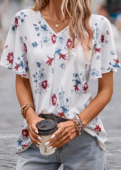 White Floral Print Short Sleeve V Neck Blouse -OLALA Clothing Shop 329743 P 16831787156723