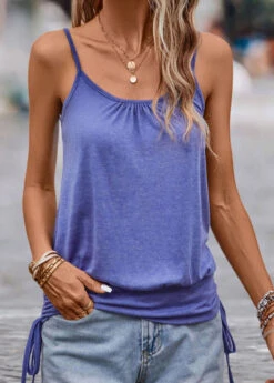 Dark Blue Ruched Strappy Scoop Neck Camisole Top -OLALA Clothing Shop 329817 P 16831813818425