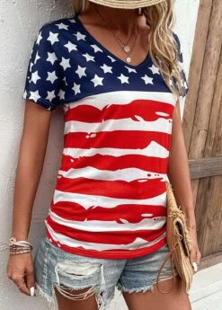 Multi Color Patchwork Flag Print T Shirt -OLALA Clothing Shop 329818 P 16818070894273