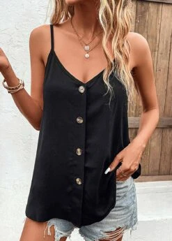 Black Button Strappy V Neck Camisole Top