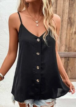 Black Button Strappy V Neck Camisole Top -OLALA Clothing Shop 329820 P 16824686945770