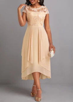 Champagne Lace High Low Short Sleeve Dress -OLALA Clothing Shop 329903 P 16822453676592