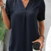 Navy Smocked Short Sleeve V Neck Blouse 2 Navy Smocked Short Sleeve V Neck Blouse -OLALA Clothing Shop 329939 P 16842028217413