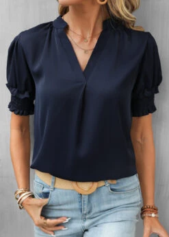 Navy Smocked Short Sleeve V Neck Blouse -OLALA Clothing Shop 329939 P 16842028217804