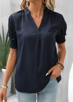 Navy Smocked Short Sleeve V Neck Blouse -OLALA Clothing Shop 329939 P 16842028218340