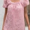 Pink Ruched Short Sleeve Square Neck Blouse 1 Pink Ruched Short Sleeve Square Neck Blouse -OLALA Clothing Shop 329940 P 16831691256060