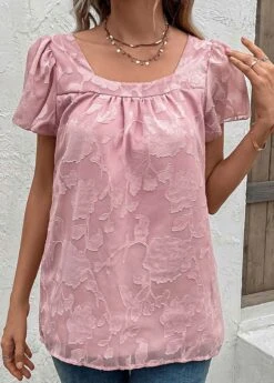Pink Ruched Short Sleeve Square Neck Blouse -OLALA Clothing Shop 329940 P 16831691259753