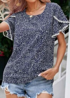 Navy Patchwork Polka Dot Short Sleeve Blouse -OLALA Clothing Shop 329956 P 1679475334374