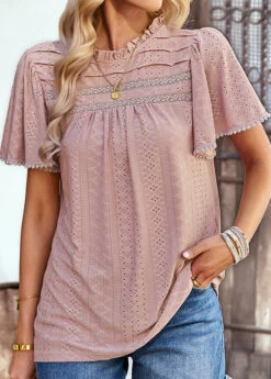 Dusty Pink Lace Patchwork Short Sleeve T Shirt -OLALA Clothing Shop 329958 P 1679475205884