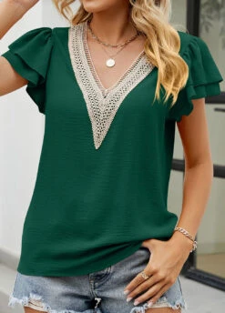 Green Patchwork Short Sleeve V Neck Blouse 10 Green Patchwork Short Sleeve V Neck Blouse -OLALA Clothing Shop 329963 P 1679475305686