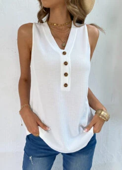 White Button V Neck Tank Top -OLALA Clothing Shop 330092 P 1679638059186